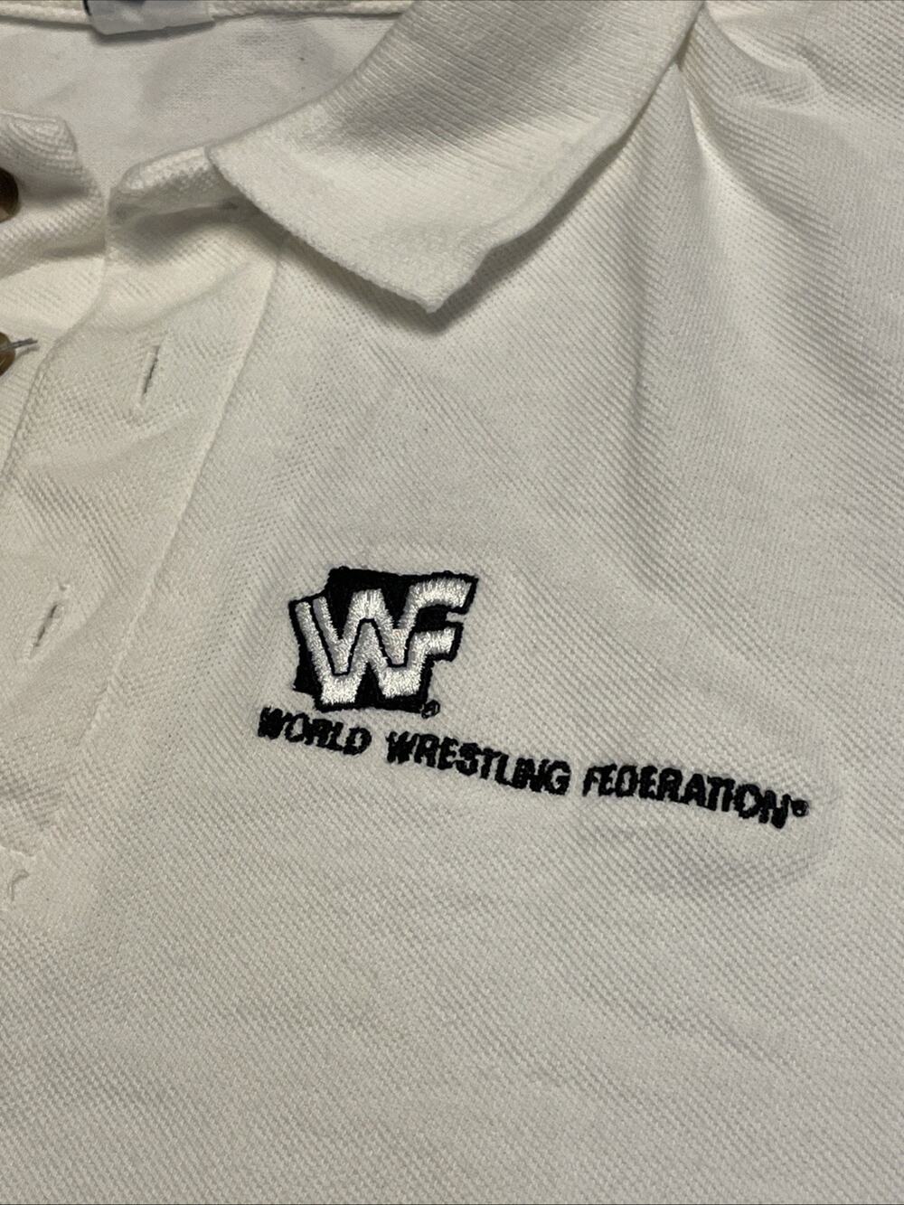 Vintage 90s WWF Attitude Era Polo Shirt XL White 100% Cotton Scratch Logo